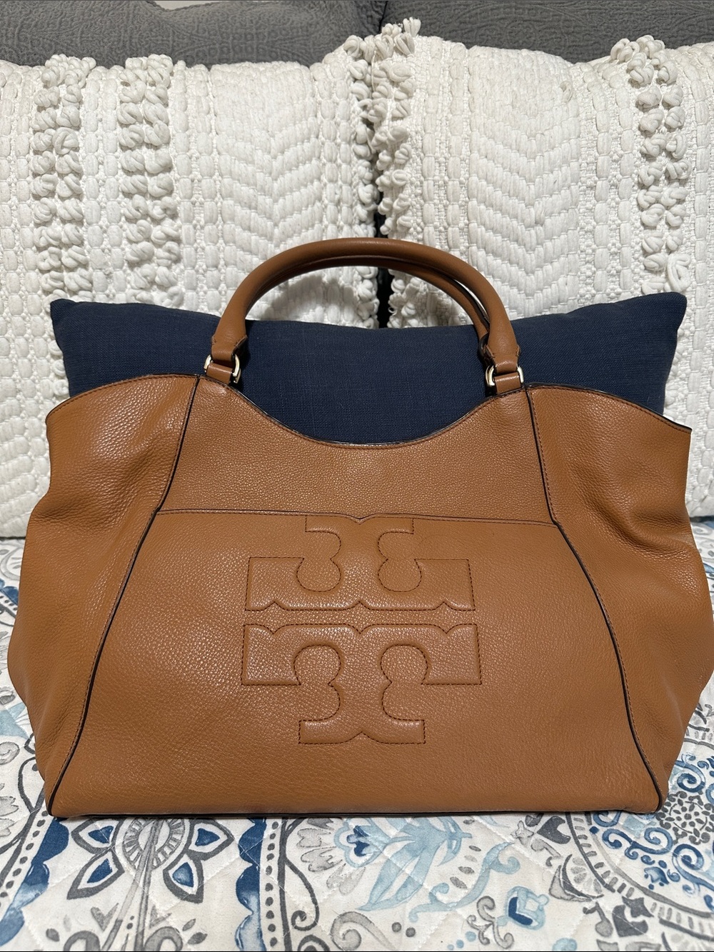 Tory Burch Brown Pebbled Leather Logo Tote